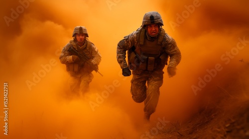 US Army soldiers advancing through dense cloud of smoke during historical combat reenactment, dramatic lighting with explosions and intense expressions. US Army soldiers smoke, war