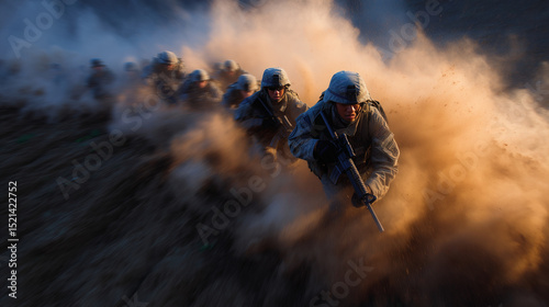 US Army soldiers advancing through dense cloud of smoke during historical combat reenactment, dramatic lighting with explosions and intense expressions. US Army soldiers smoke, war