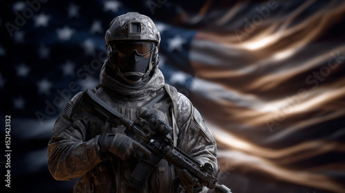 Prompt (3D render style): 3D rendered image of an African American male soldier in advanced tactical gear, holding a rifle in front of a digitally rendered waving American flag, wi