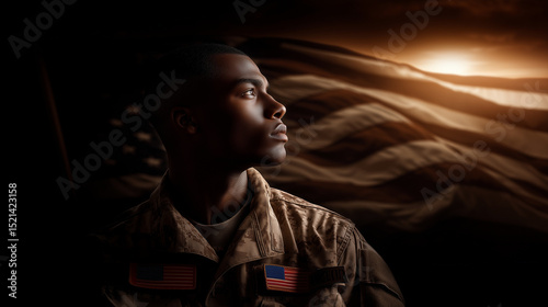 Silhouette of African American male soldier in uniform at night, American flag illuminated behind him, dramatic lighting and moody atmosphere. soldier silhouette USA, American flag