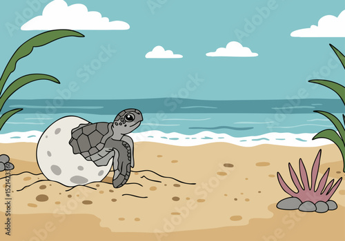A baby turtle emerges from its shell on a sandy beach, near the ocean. A charming, peaceful scene with a bright blue sky. Perfect for nature, wildlife, or children's themes.