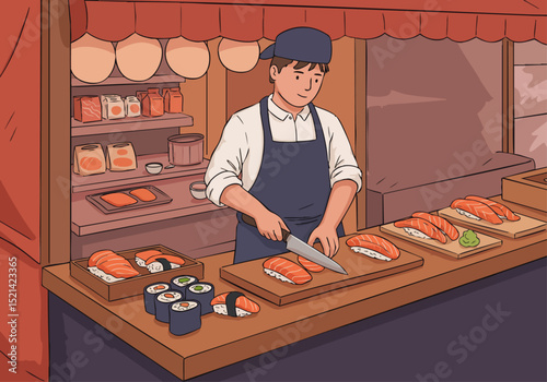 A smiling Asian man expertly slices salmon at a vibrant sushi stall. Fresh rolls and slices are displayed, creating a tempting and inviting scene.  Commercial appeal, food photography.