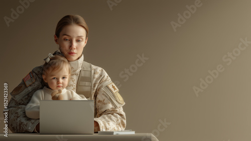 3D render of a military woman in tactical uniform seated at a modern desk, focused on laptop screen, while her daughter sits on her lap holding a toy. Clean, minimalistic home offi