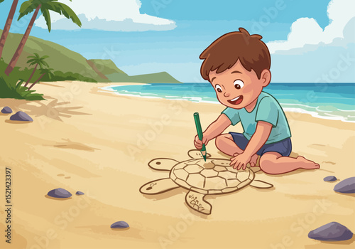A young boy happily draws a turtle in the sand on a tropical beach. Bright, cheerful illustration with a clear composition and appealing colors.