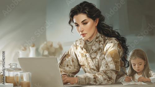 Digital illustration of a determined military woman in camo uniform typing on a laptop at a kitchen table while her child draws next to her, warm and supportive atmosphere. illustr
