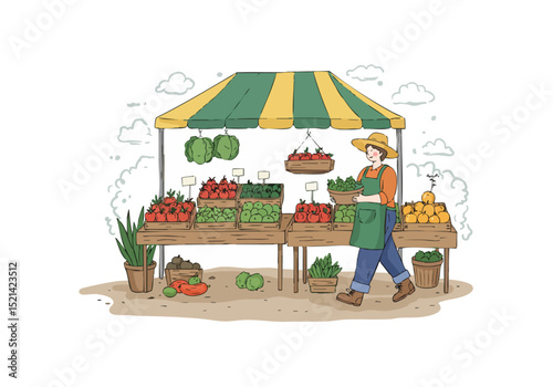 A cheerful farmer sells fresh produce at a vibrant market stall. Bright colors, rustic charm, and a welcoming atmosphere. Ideal for food, agriculture, and lifestyle visuals.