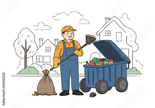 A cheerful worker cleans a street bin with a rake, showcasing community pride. Bright colors and a clean, modern illustration style.