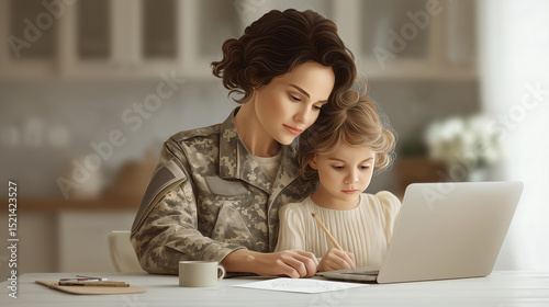 Digital illustration of a determined military woman in camo uniform typing on a laptop at a kitchen table while her child draws next to her, warm and supportive atmosphere. illustr