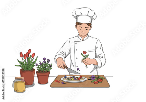 chef meticulously arranges flowers on a plate showcasing a beautiful floral dish craft Bright colors and a professional setting create a visually appealing image for culinary or lifestyle content