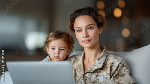 Focused female soldier in military uniform working remotely on a laptop at home, while her young child plays quietly beside her. Natural lighting, cozy home office setting. militar