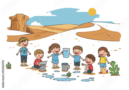 Children learn about water conservation in desert landscape They collect water with buckets and jugs illustrating drought resilience and environmental awareness Bright cheerful illustration