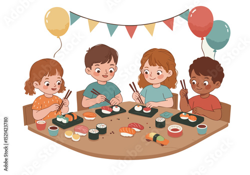 Four children enjoy a sushi-making play craft session, learning to roll sushi with chopsticks. A festive backdrop of balloons adds a cheerful touch. Bright, playful illustration.