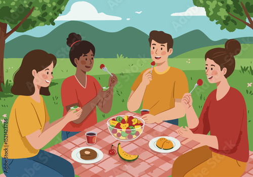Four friends enjoy a fruit salad picnic outdoors. Bright colors, relaxed atmosphere, and a cheerful scene perfect for lifestyle and food marketing.