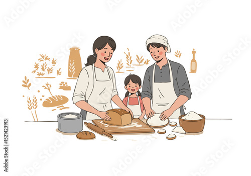 happy family bakes bread together in a rustic kitchen Warm colors and a focus on local ingredients create a wholesome inviting scene Perfect for food family and sustainability themes