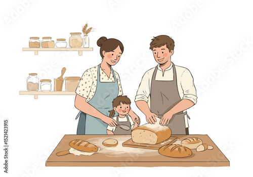 happy family bakes bread together in a cozy kitchen Warm colors and a rustic feel evoke a sense of community and wholesome goodness Perfect for food family and local business themes