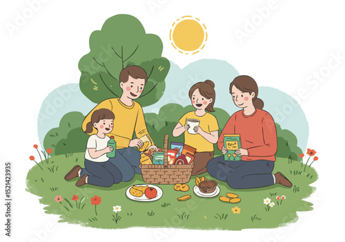 A happy family enjoys a picnic in a sunny park, sharing food and smiles. A charming, wholesome illustration perfect for family, outdoor, and lifestyle themes.
