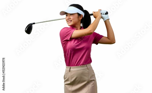 A young woman with long hair, wearing a pink long-sleeve shirt and a white baseball cap, swings a golf club.