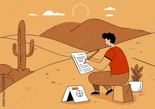 A young man writes outdoors in a desert landscape, capturing a moment of hope and creativity.  Warm tones and a simple composition create a serene and inspiring image.