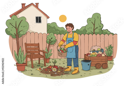 A man composts yard waste outdoors, using tools and containers. A vibrant, healthy garden setting showcases sustainable practices. Bright, cheerful illustration.