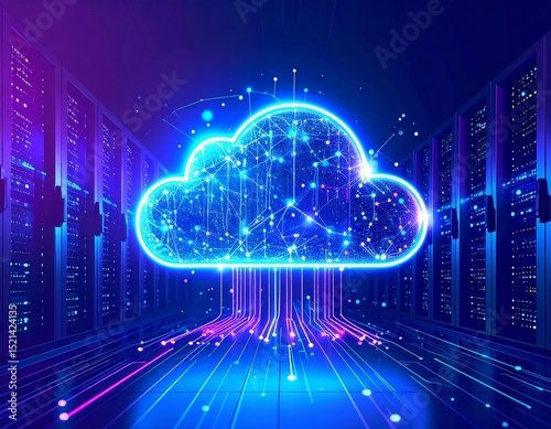 Cloud computing and big data management. Abstract representation of interconnected servers and data streams in a cloud formation, symbolizing scalability, data storage, and network infrastructure