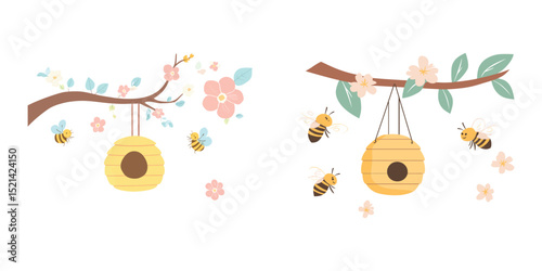 Cute Beehive and Bees with Spring Flowers Illustration