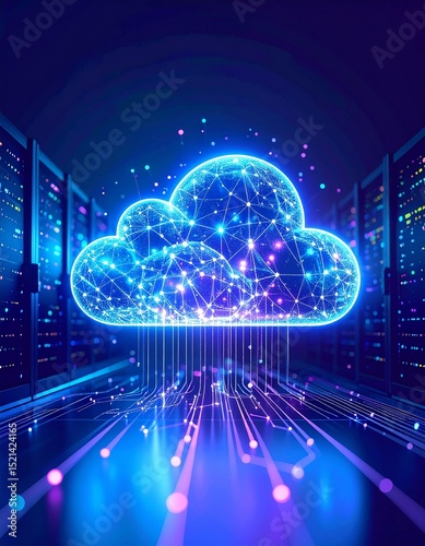 Cloud computing and big data management. Abstract representation of interconnected servers and data streams in a cloud formation, symbolizing scalability, data storage, and network infrastructure