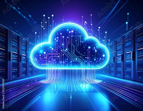 Cloud computing and big data management. Abstract representation of interconnected servers and data streams in a cloud formation, symbolizing scalability, data storage, and network infrastructure
