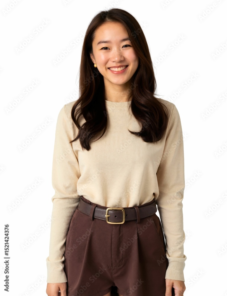 A smiling woman with long, dark hair wears a beige sweater and brown pants with a belt, standing against a white background. A smiling woman with long, dark hair wears a beige sweater and brown pants with a belt, standing against a white background.
