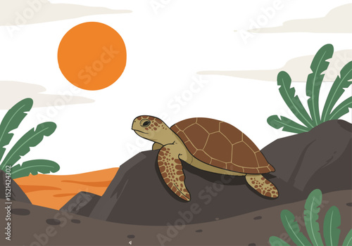 A serene turtle rests on a rock at sunset. Lush greenery and a vibrant sky create a peaceful coastal scene. Perfect for nature, travel, or wellness themes.