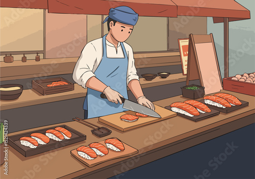 skilled sushi chef meticulously prepares fresh salmon nigiri at a vibrant street stall The composition highlights the artistry and quality of the food perfect for culinary or business visuals