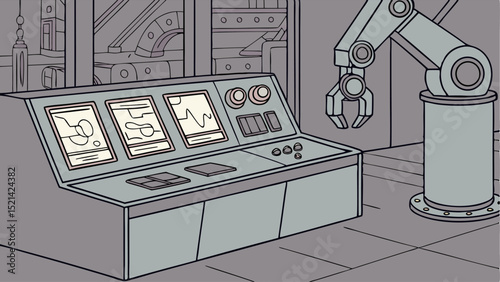 Illustration of a control panel with screens and a robotic arm in a factory setting with gray tones