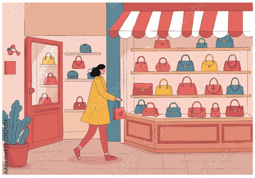 A stylish woman browses handbags in a charming boutique. Bright colors, inviting display, and a welcoming atmosphere. Perfect for fashion, retail, and lifestyle visuals.