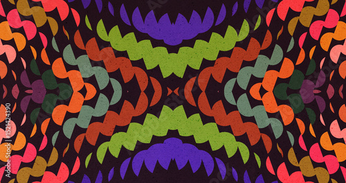 Colorful abstract tribal pattern with mirrored curves and bold overlapping shapes on a dark background
