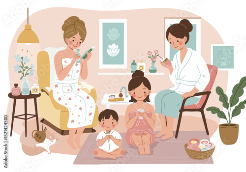 Three women enjoy a spa treat at home. A young girl plays while two adults receive treatments, creating a peaceful family moment. Soft colors and a cozy atmosphere.