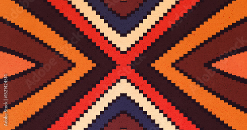 Geometric X-pattern in warm desert tones with pixelated tribal symmetry. Retro textile-inspired abstract background