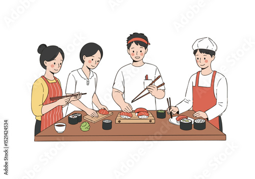Three people learn to make sushi together at workshop A cheerful scene with focused individuals showcasing a hands-on culinary experience Bright inviting and professionally styled