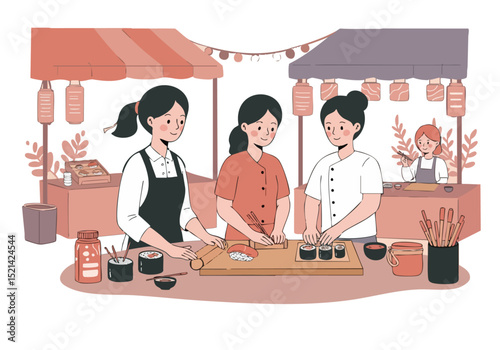 Three women prepare sushi at a vibrant market stall. A sushi roll contest unfolds, showcasing delicious rolls and joyful expressions. Bright colors and a lively atmosphere.