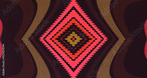 Bold abstract diamond pattern with tribal symmetry in earthy tones and neon pink. Modern textile-inspired digital design