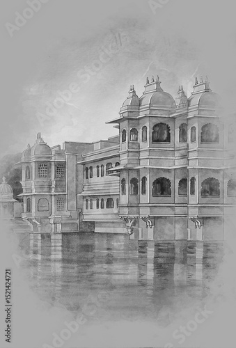 City place udaipur Heritage building,  Gangaur Ghat in Udaipur in India, sketch, Vintage paint, print