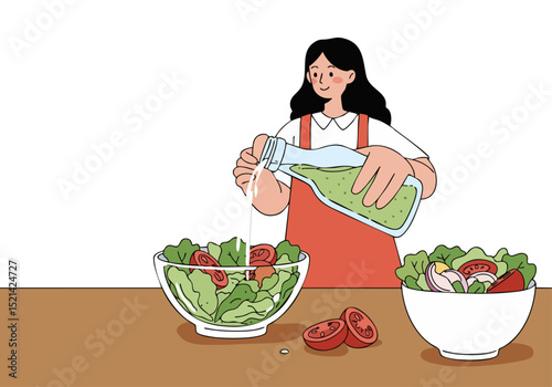 A woman prepares a fresh salad, drizzling vinegar. Clean, bright composition with a focus on healthy eating. Ideal for food, lifestyle, and wellness visuals.