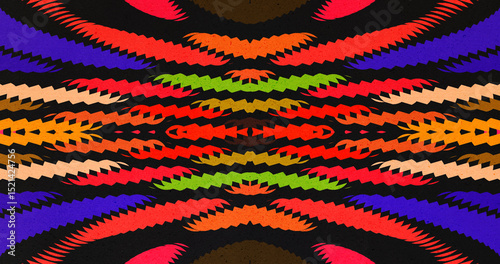 Symmetrical abstract pattern with jagged lines and vibrant colors on a dark background. Tribal and psychedelic digital design