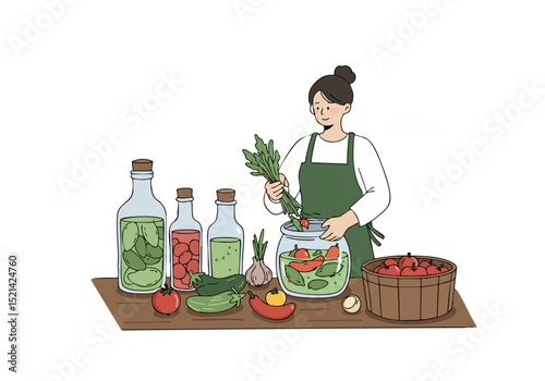 A woman preserves fresh vegetables in jars with vinegar. A charming, rustic scene with a focus on food preservation and a healthy lifestyle. Bright, inviting composition.
