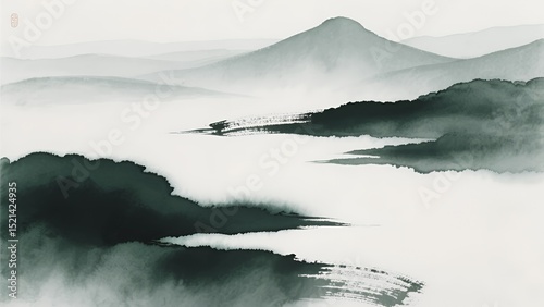 Serene Ink Wash Painting of Misty Mountains and Landscape