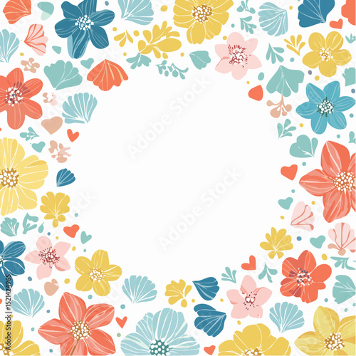 Vector border and frame element, pattern in simple floral wavy and groovy naive style, ocean and vacation theme, flowers and plants, floral botanic hand drawn design templates, modern art
