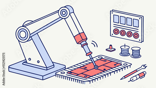 Robotic arm precisely soldering a circuit board with components and tools in a factory setting view