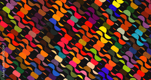 Colorful abstract wave pattern with interlocking curved shapes on a black background. Energetic, modern, and ideal for creative backgrounds or digital design use