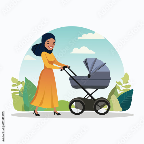 Woman walking with a stroller, vector logo design template and graphic elements for advertising; branding; posters and banners; funny cartoon illustrations with smiling character