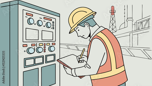Man in safety vest writing on clipboard next to control panel with industrial background visible outside