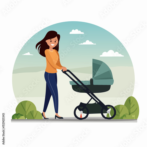 Woman walking with a stroller, vector logo design template and graphic elements for advertising; branding; posters and banners; funny cartoon illustrations with smiling character