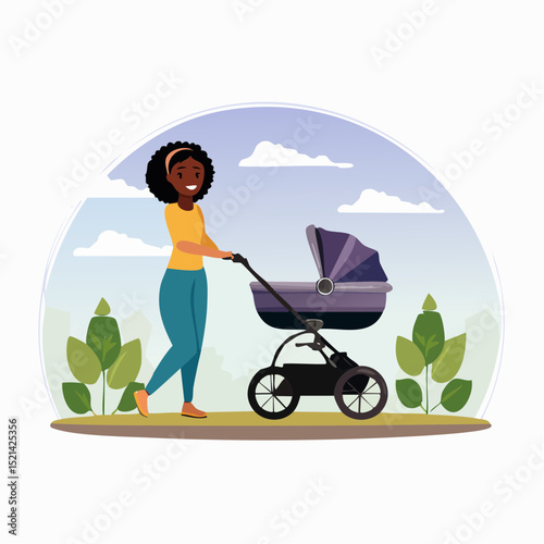 Woman walking with a stroller, vector logo design template and graphic elements for advertising; branding; posters and banners; funny cartoon illustrations with smiling character
